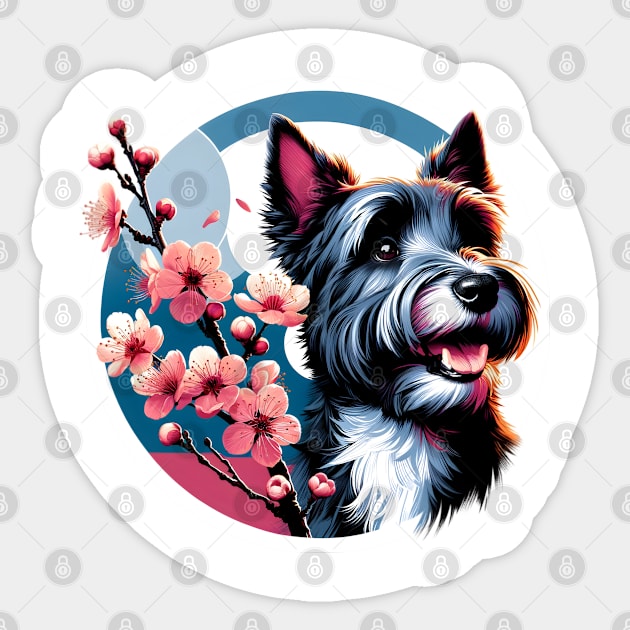 Scottish Terrier Enjoys Spring's Cherry Blossoms Sticker by ArtRUs